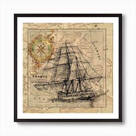 Ship Map Navigation Vintage Art Print