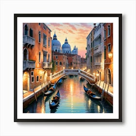 Venice At Sunset With Gondolas, Watercolor Painting Art Póster