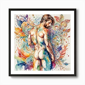 Nude Man With Flowers Art Print