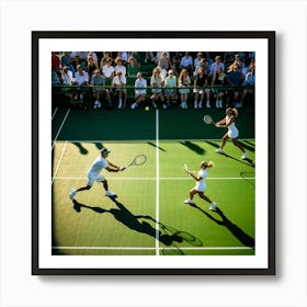 Tennis Match Underway Sunlight Casting Dynamic Shadows On The Green Court Players Poised Mid Swing (1) 2 Art Print