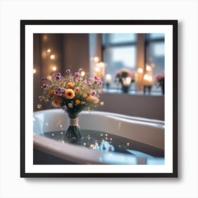 Bath With  bouquet of Flowers, lit candles  Affiche