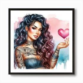 Tropical Tattooed Girl Holding Heart Art Print