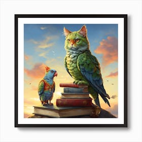 Parrots On Books Art Print