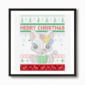 Ugly Christmas Sweater Cat Lovers Cute Cat Santa Hat Funny Art Print