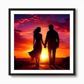 Couple Holding Hands At Sunset Art Print