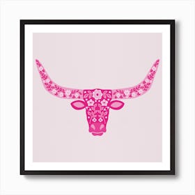 Floral Longhorn   Hot Pink Square Art Print