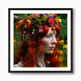 Red Haired Woman With Flowers Art Print