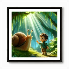 Snail And Boy In The Forest Art Print