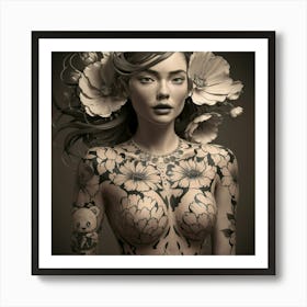 Tattooed Woman With Flowers Art Print