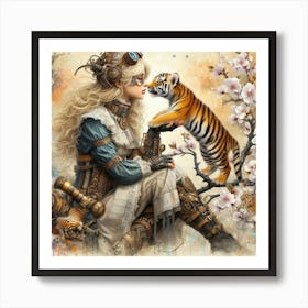 Steampunk Girl With Tiger 2 Art Print