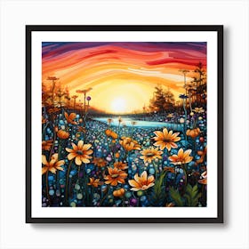 Sunset Field Of Daisies Art Print