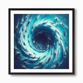 End Of The World - A group of people swimming in a pool, but the water is not clear and blue, it is a swirling vortex of colors and shapes. The swimmers themselves are distorted and elongated, as if they are being pulled into the vortex. The scene is captured from a bird\'s-eye view, giving the viewer a sense of scale and perspective. Art Print