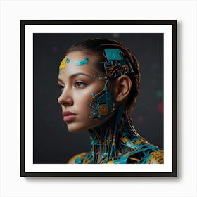 Futuristic Female Cyborg With Advanced Circuitry Design Against A Dark Bokeh Background Art Print