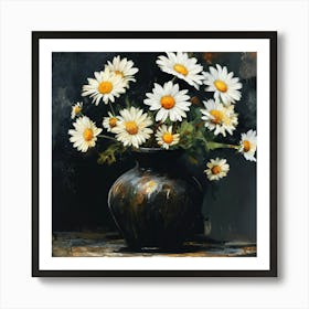 Daisy Flowers Vase Dark Art  Art Print