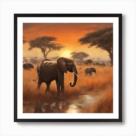 Sunset Elephants Art Print