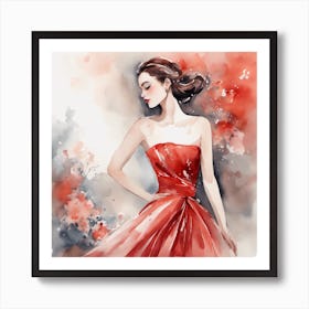 Watercolor Girl In Red Dress Art Print