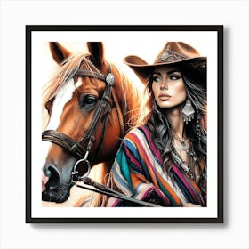 Beauty Wear Pancho And Cowboy Hat By Her Horse Color Drawing 1 Art Print