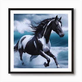 Black And White Horse Running In The Ocean Art Print