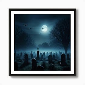 Full Moon Casting An Eerie Glow Over A Cemetery Gravestones Crooked With Names Worn By Time Mist C (2) Art Print