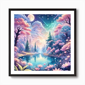 A Fantasy Forest With Twinkling Stars In Pastel Tone Square Composition 376 Art Print