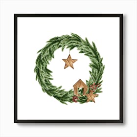 Wreath from Green Fir Branches and Wooden Decorations Art Print