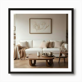 Minimalist Living Room With White Sofa, Wooden Furniture, And Artwork Art Print