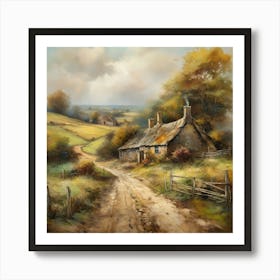 The old British countryside, a work of wall art dating back to 1960, with all its details and colours. The farm is an old oil painting in faded oil colours.7 Art Print