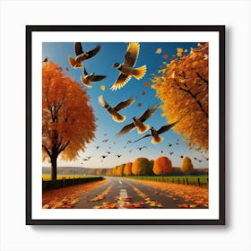 Autumn Birds Flying Over Road Art Print