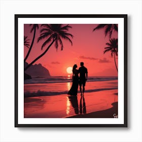 Sunset Couple On The Beach Art Print