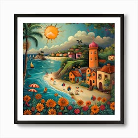 Santa Cruz Beach, Naive, Whimsical, Folk Art Print