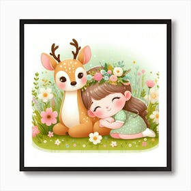 Little Girl And Deer Art Print