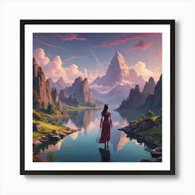 Woman In Red Standing By A Lake Art Print