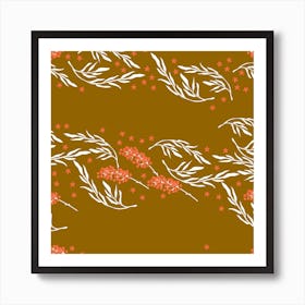 White Floral Pattern On Golden Background Square Art Print