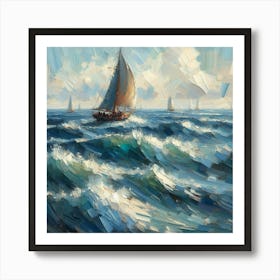 Sailboats In The Sea, Acrylic Painting Style Art Print