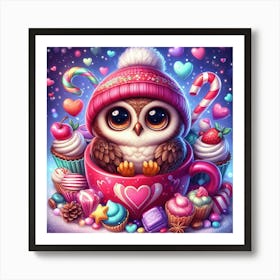 Cute Owl With A Hat In A Cup Surrounded By Sweets Art Print