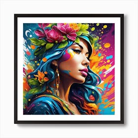 Colorful Girl With Flower Crown Art Print