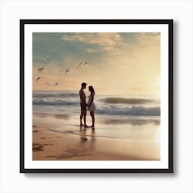 Couple On The Beach At Sunset 1 Art Print