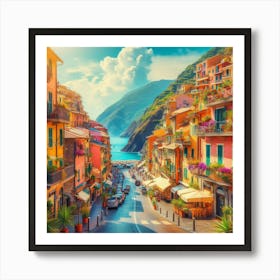 An Image Of Streets By Mediterranean Sea In Italy During Summer, Bright, Colorful And Beautiful (1) Art Print