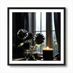 Black Flowers On The Window Sill Art Print