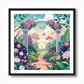 A Lush Garden Scene With Blooming Flowers Buttery Art Print