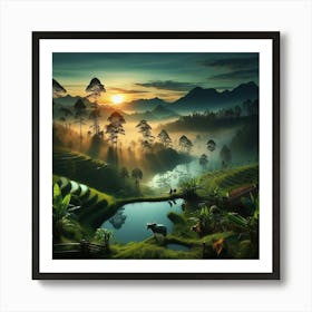 Sunrise In The Rice Fields Art Print