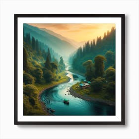 River surrounded by lush greens Art Print