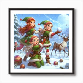 Christmas Elves in winter landscape Art Print