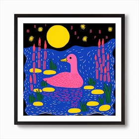 Duckling Linocut Style At Night 8 Art Print