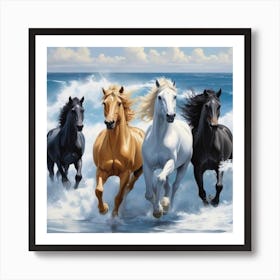 4 Horses Running In The Ocean Art Print