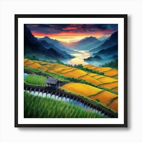 Beautiful views of rice fields, close to the river and surrounded by mountains, 22 Art Print