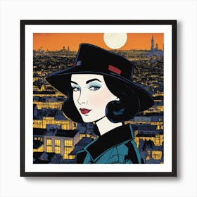 Woman In A Hat , A Woman in the Cityscape, Adorned in Hat and Black Makeup, Capturing the Radiance of Night in Shiny Glossy Wall Art Art Print