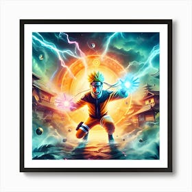 An Eye Catching Anime Style Digital Painting Featuring Naruto Unleashing Rasengan Set Against The Background Of Hidden Leaf Village And Visual Effects Like Explosions 2 Art Print