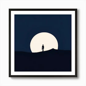 Full Moon and alone woman art print, A Single Fluid Line Forming A Silhouette Art Print