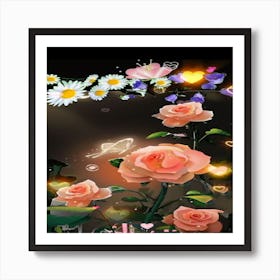 Roses And Butterflies Art Print